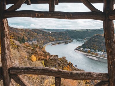 Loreley: a view of a river from a wooden structure