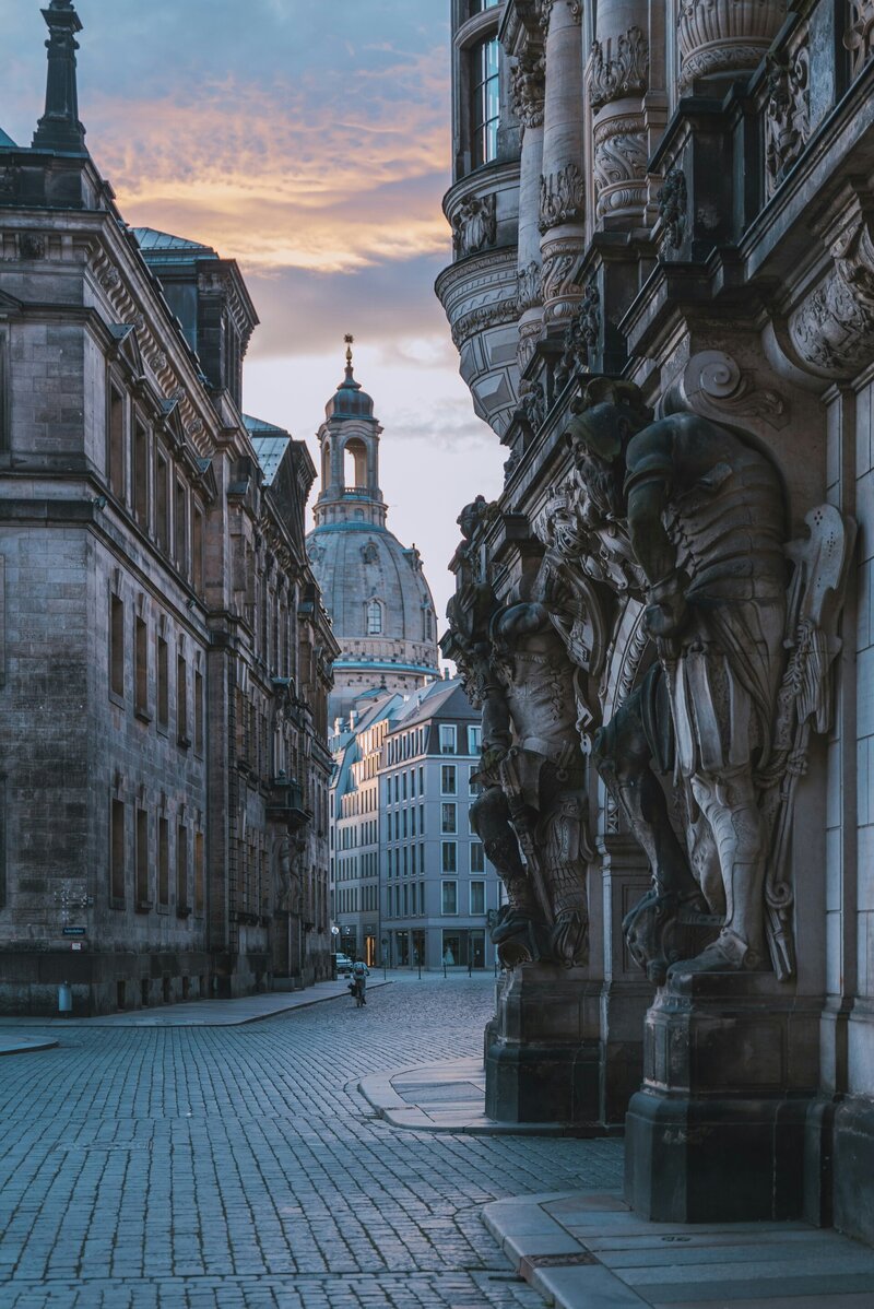 Beautiful street in Dresden at the Georgentor, sunrise